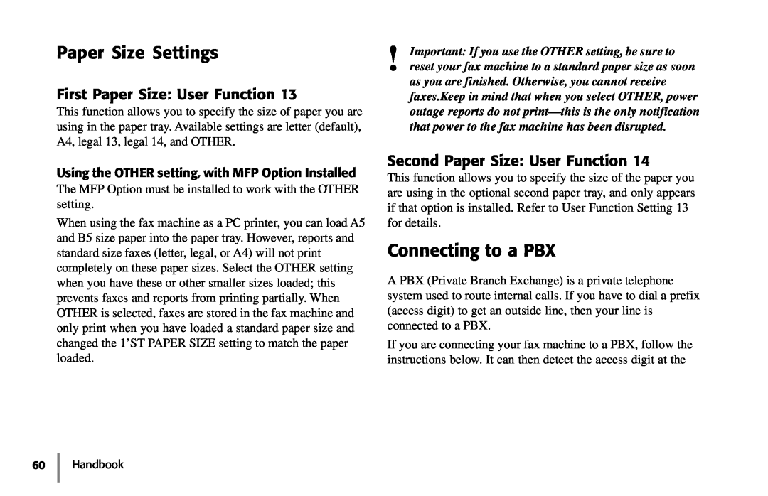 Samsung 5400 Paper Size Settings, Connecting to a PBX, First Paper Size User Function, Second Paper Size User Function 