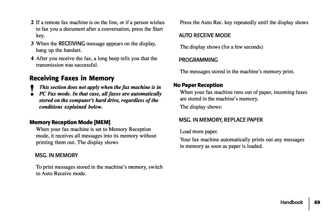 Samsung 5400 manual Receiving Faxes in Memory 
