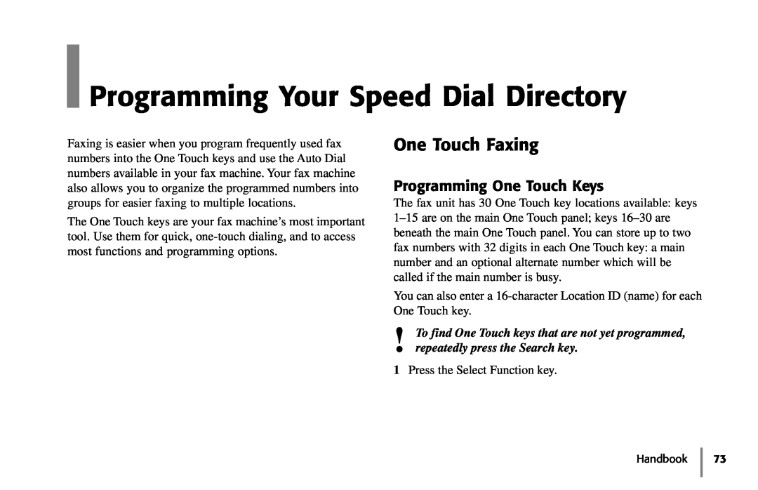 Samsung 5400 manual Programming Your Speed Dial Directory, One Touch Faxing, Programming One Touch Keys 