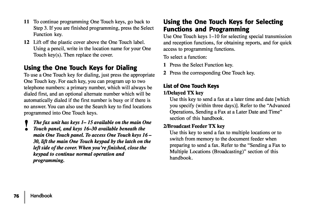 Samsung 5400 List of One Touch Keys, Using the One Touch Keys for Dialing, 1/Delayed TX key, 2/Broadcast Feeder TX key 