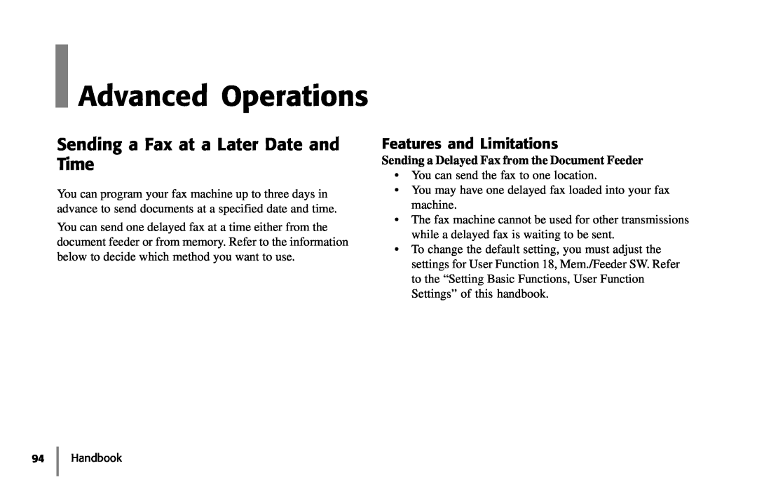 Samsung 5400 manual Advanced Operations, Sending a Fax at a Later Date and Time, Features and Limitations 