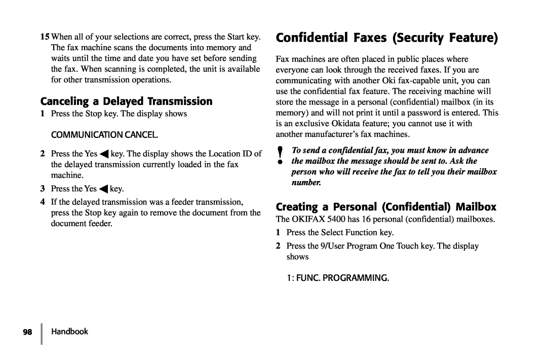 Samsung 5400 manual Confidential Faxes Security Feature, Canceling a Delayed Transmission 