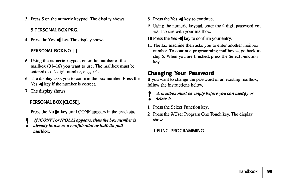 Samsung 5400 manual Changing Your Password, A mailbox must be empty before you can modify or delete it 