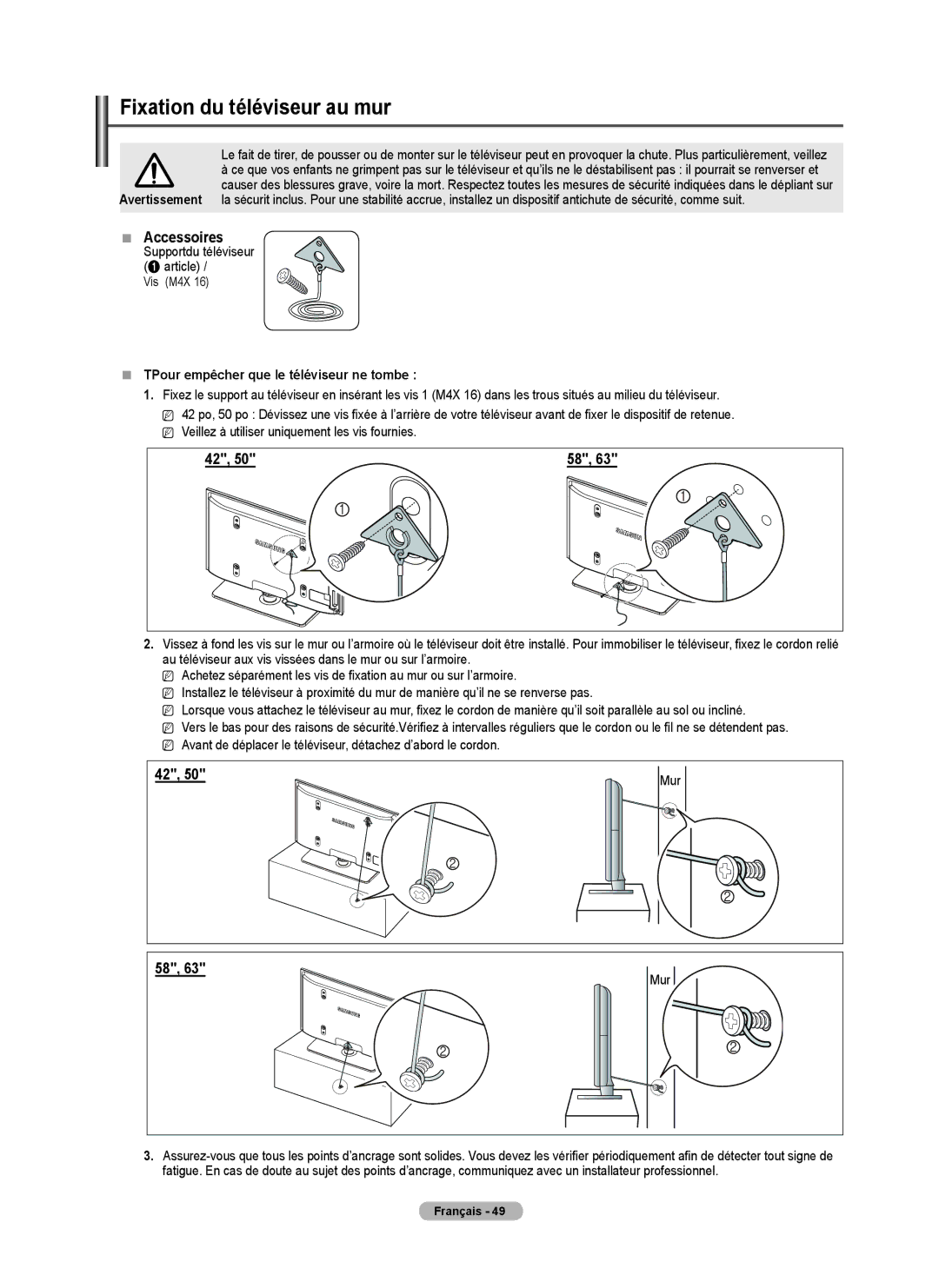 Samsung PNB550TF, BN68-01917B-00 user manual Fixation du téléviseur au mur,  Accessoires, Supportdu téléviseur Article, Mur 