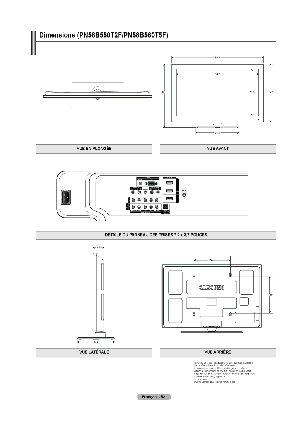 Samsung PN50B50T5F, BN68-01917B-00, PNB550TF, PN58B50T5F user manual Dimensions PN58B550T2F/PN58B560T5F 