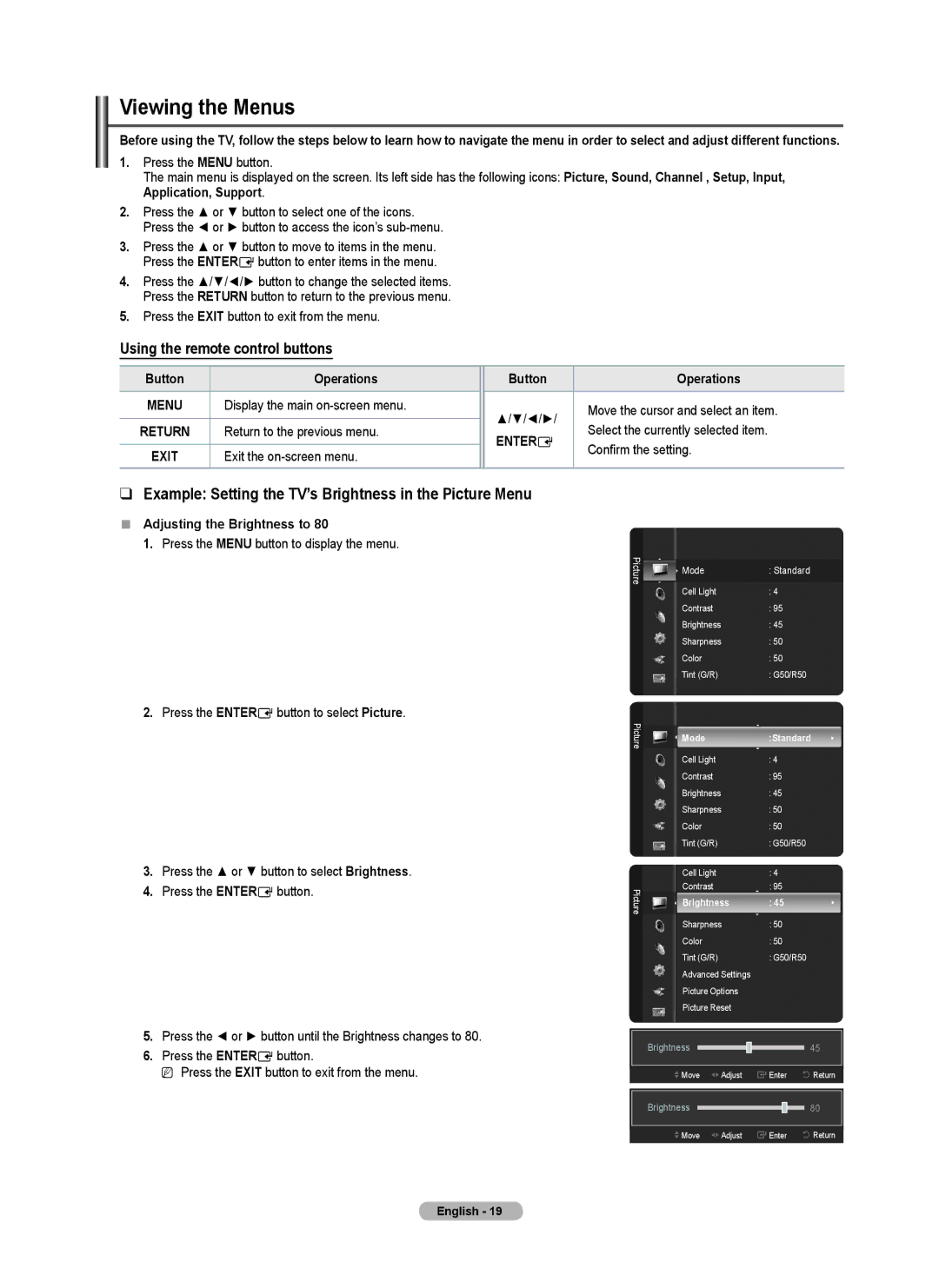 Samsung PN58B50T5F, 550 Viewing the Menus, Example Setting the TV’s Brightness in the Picture Menu, Button Operations 