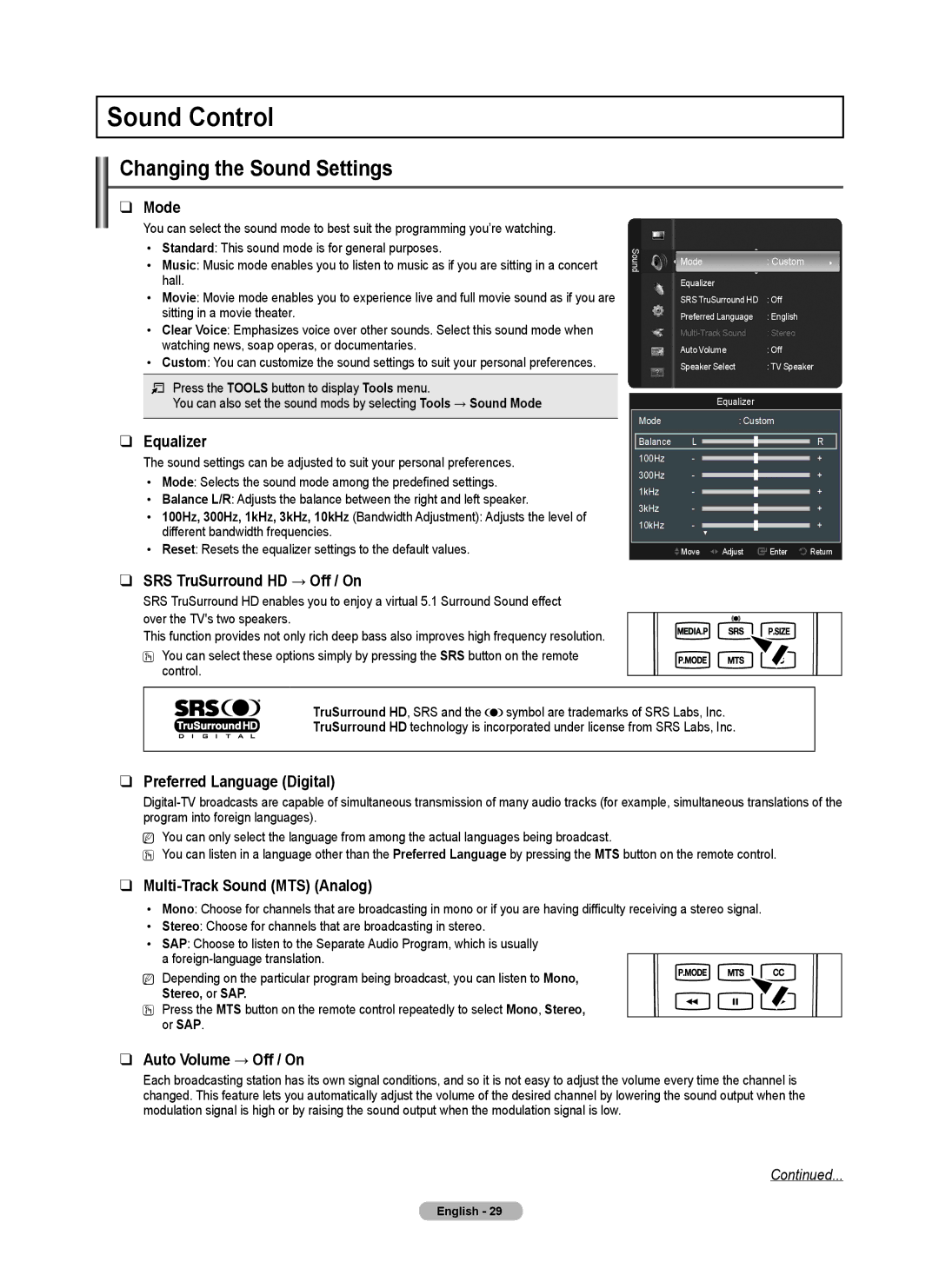 Samsung PN58B50T5F, BN68-01917B-00, PN50B50T5F, PNB550TF user manual Sound Control, Changing the Sound Settings 