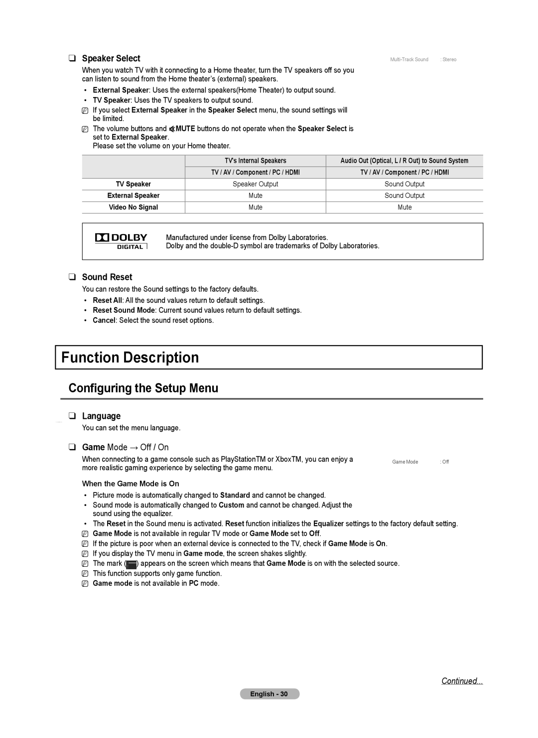 Samsung 550, BN68-01917B-00 Function Description, Configuring the Setup Menu, Speaker Select, Sound Reset, Language 