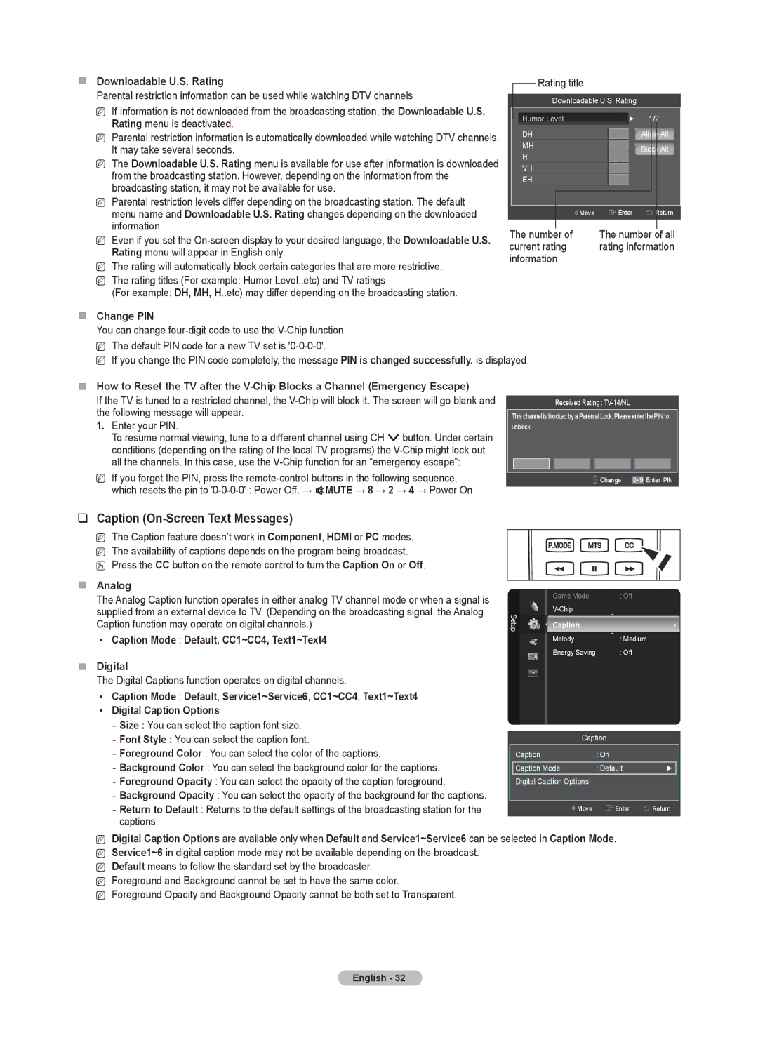 Samsung PN50B50T5F, BN68-01917B-00, PNB550TF, PN58B50T5F Caption On-Screen Text Messages,  Change PIN,  Analog 