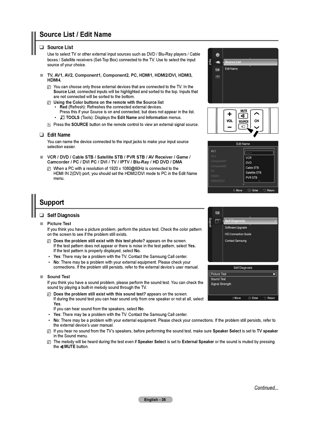 Samsung BN68-01917B-00, PN50B50T5F, PNB550TF, PN58B50T5F user manual Source List / Edit Name, Support, Self Diagnosis 