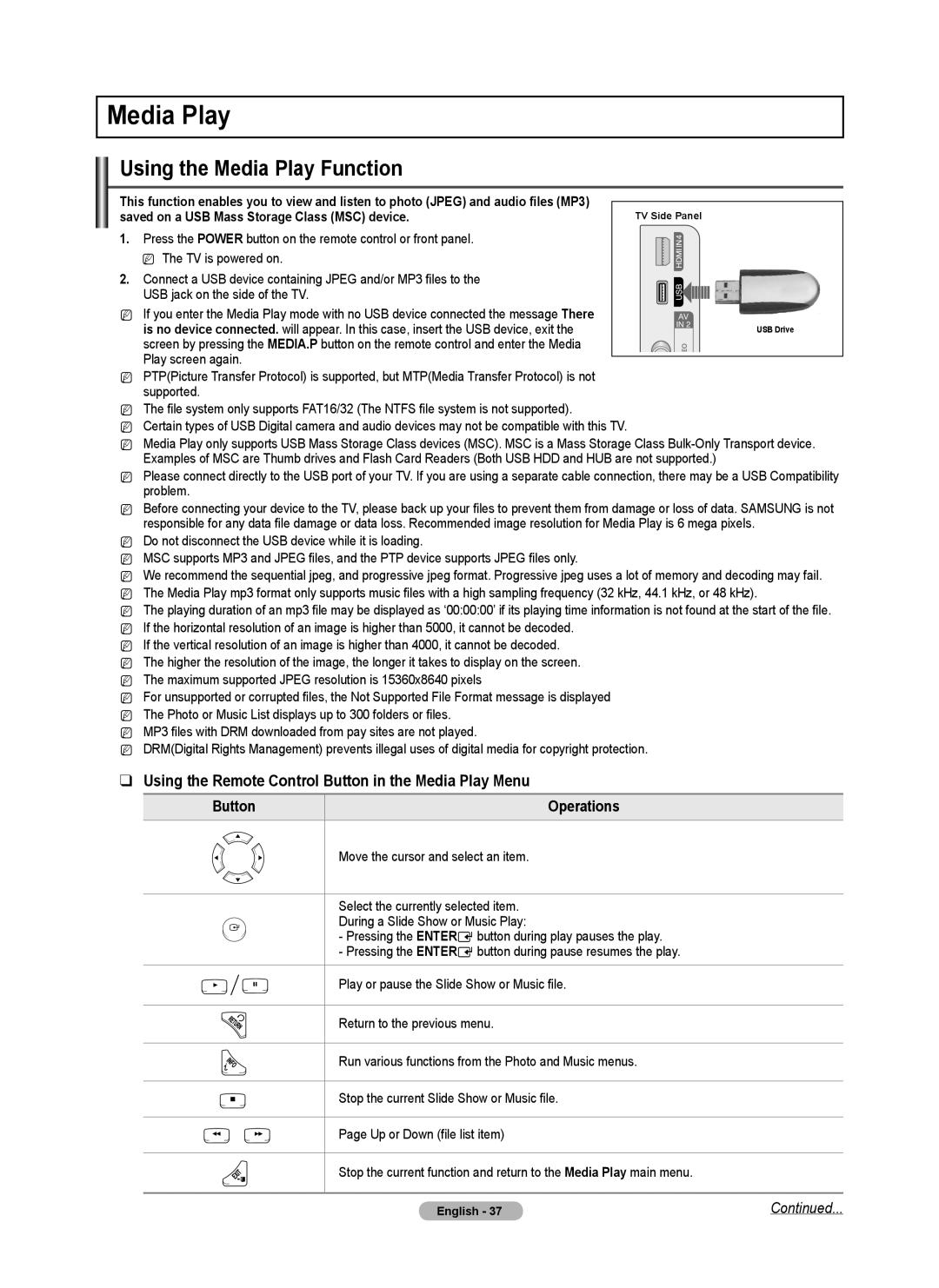 Samsung PN50B50T5F, PNB550TF Using the Media Play Function, Using the Remote Control Button in the Media Play Menu 