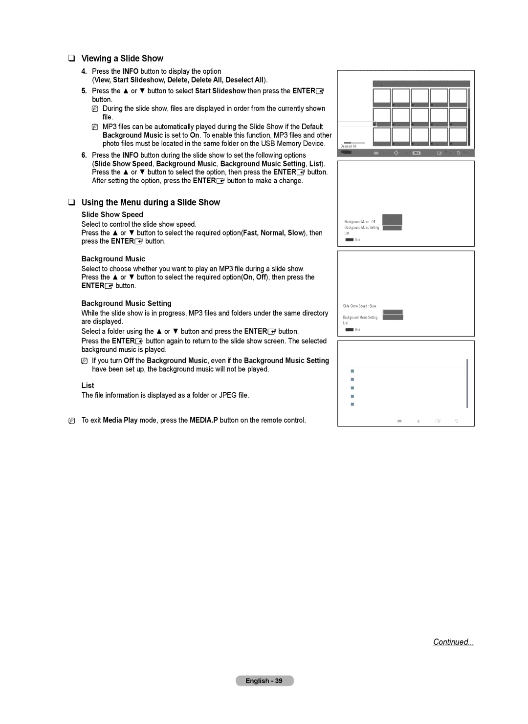 Samsung PN58B50T5F, BN68-01917B-00, PN50B50T5F, PNB550TF Viewing a Slide Show, Using the Menu during a Slide Show 