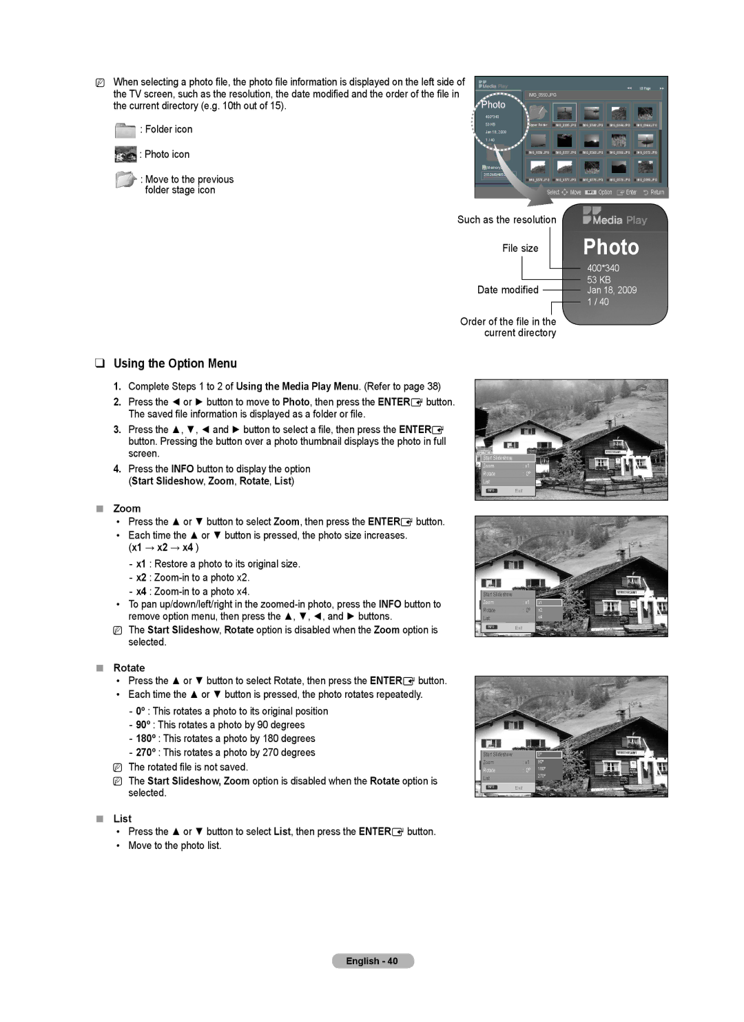 Samsung 550, PN50B50T5F Using the Option Menu, Such as the resolution File size Date modified,  Zoom, X1 → x2 →,  Rotate 