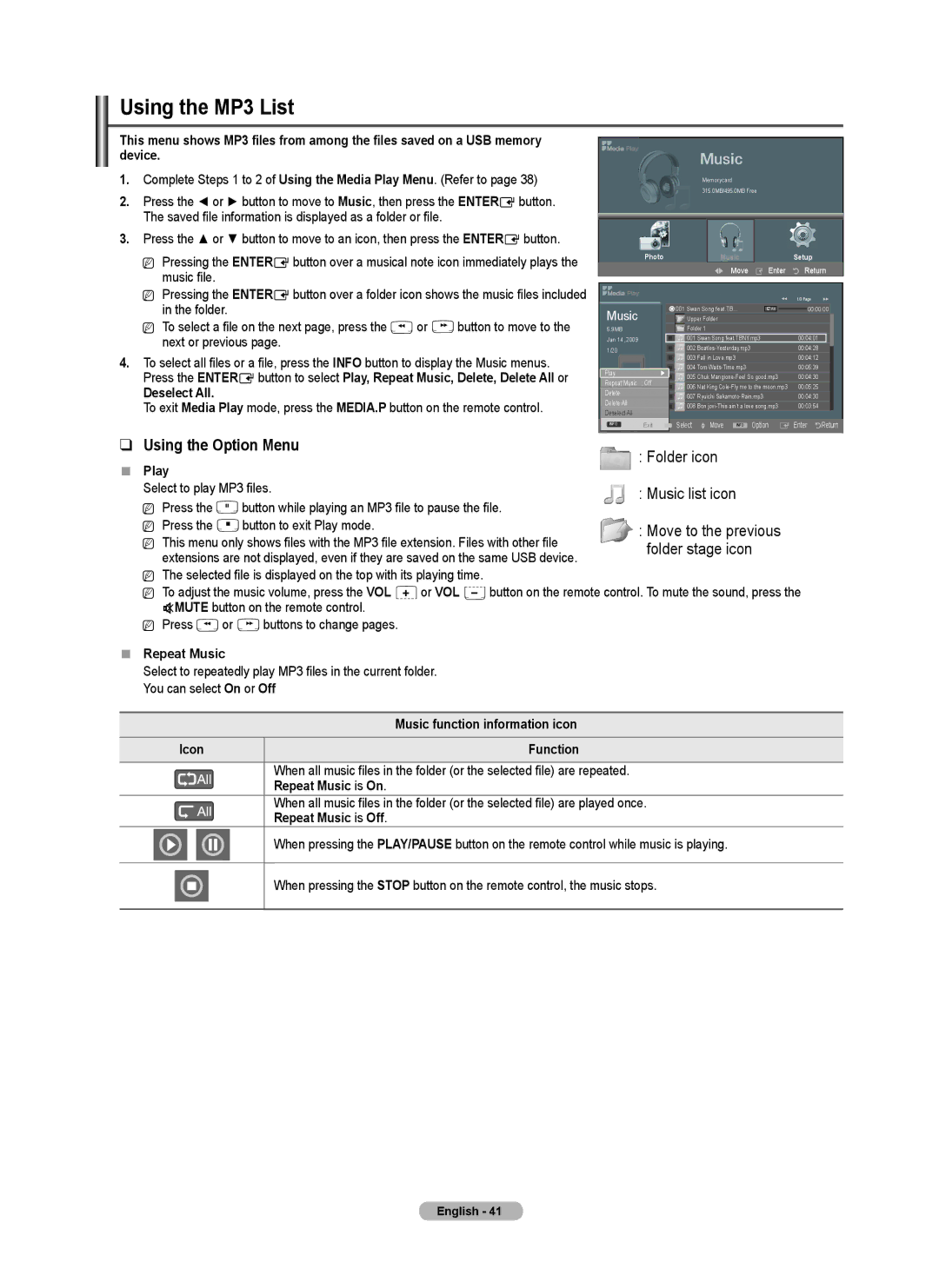 Samsung BN68-01917B-00, PN50B50T5F, PNB550TF, PN58B50T5F user manual Using the MP3 List 