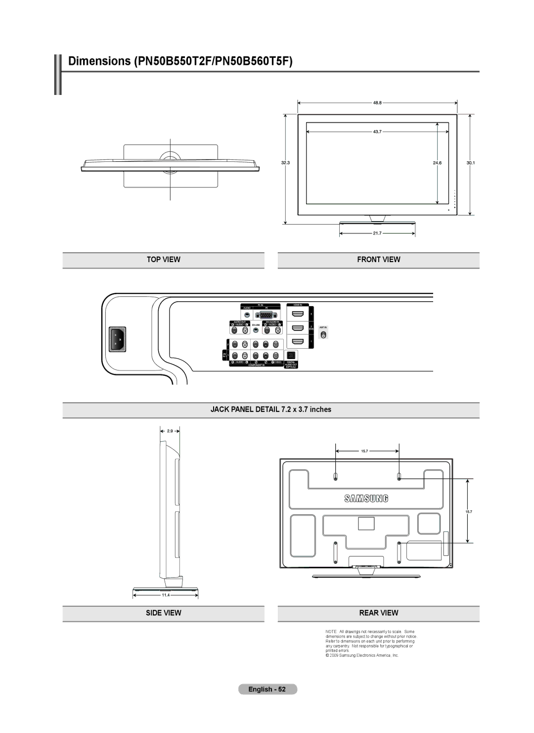 Samsung PN50B50T5F, BN68-01917B-00, PNB550TF Dimensions PN50B550T2F/PN50B560T5F, Jack Panel Detail 7.2 x 3.7 inches 