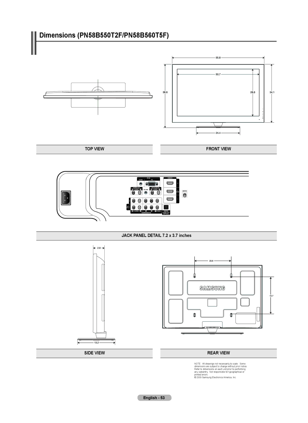 Samsung PNB550TF, BN68-01917B-00, PN50B50T5F, PN58B50T5F user manual Dimensions PN58B550T2F/PN58B560T5F 