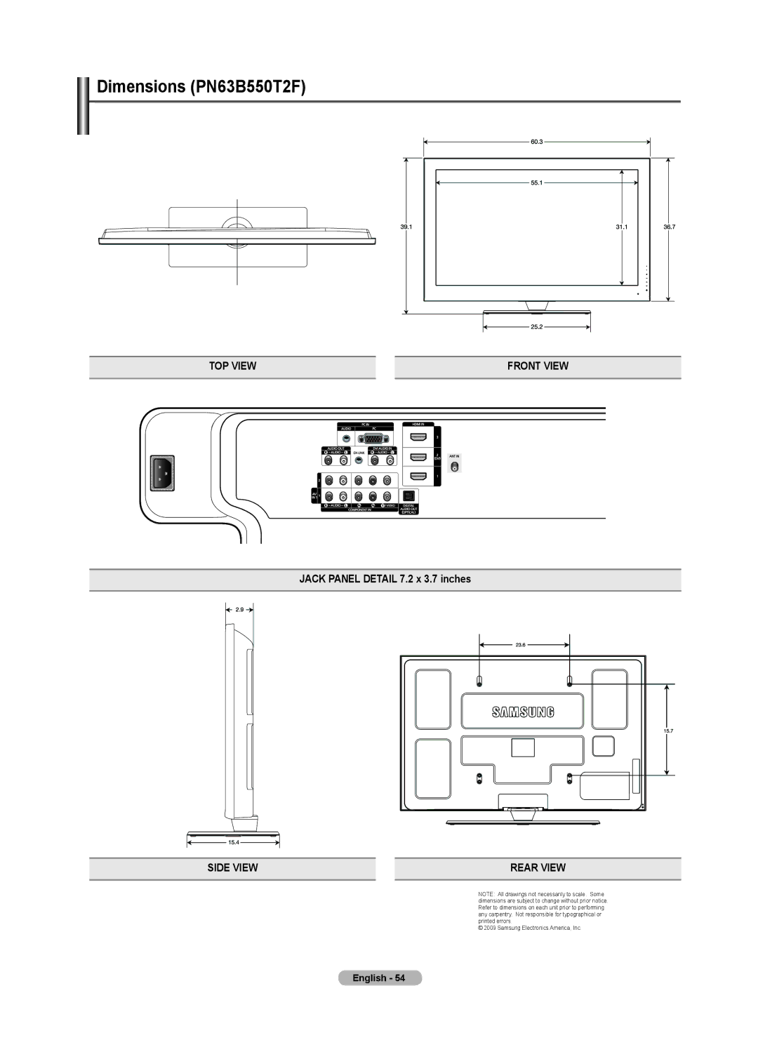 Samsung PN58B50T5F, BN68-01917B-00, PN50B50T5F, PNB550TF user manual Dimensions PN63B550T2F 