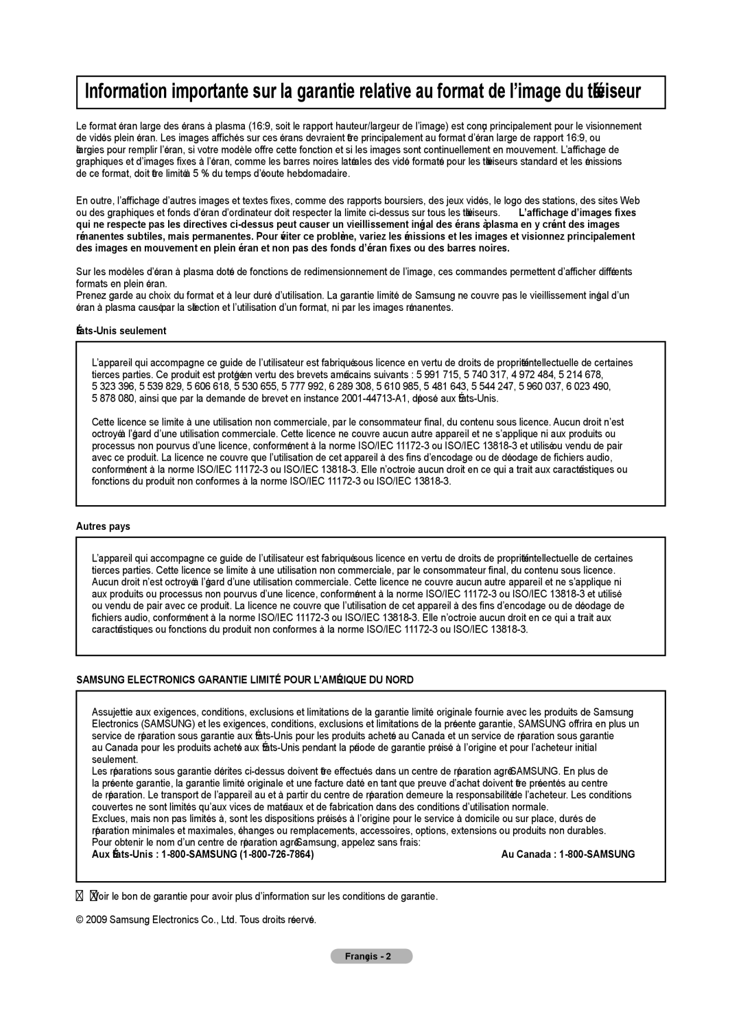 Samsung BN68-01917B-00, PN50B50T5F, PNB550TF, PN58B50T5F États-Unis seulement, Autres pays, Aux États-Unis 1-800-SAMSUNG 