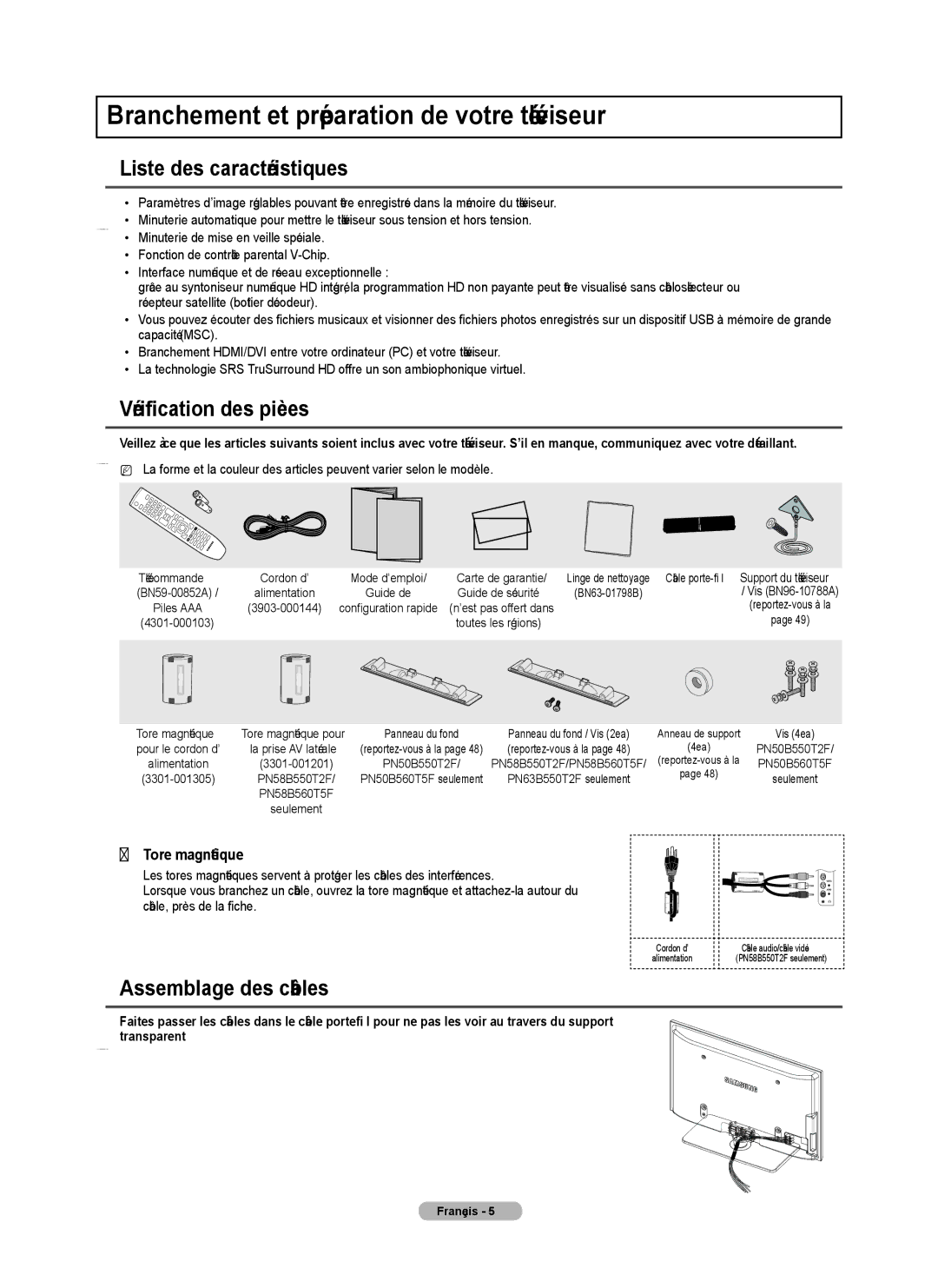 Samsung PN58B50T5F Branchement et préparation de votre téléviseur, Liste des caractéristiques, Vérification des pièces 