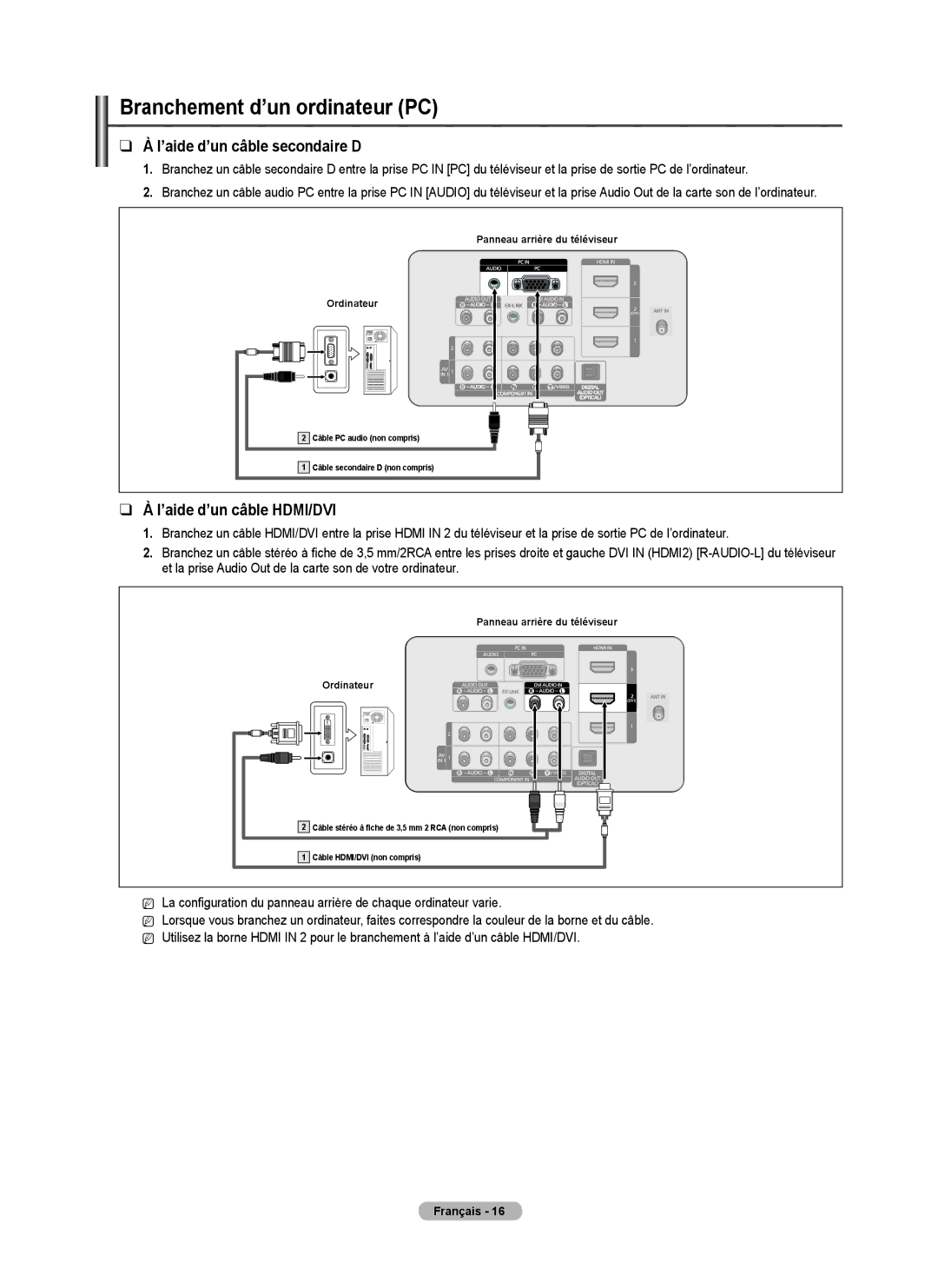 Samsung 550, BN68-01917B-00 Branchement d’un ordinateur PC, ’aide d’un câble secondaire D, ’aide d’un câble HDMI/DVI 