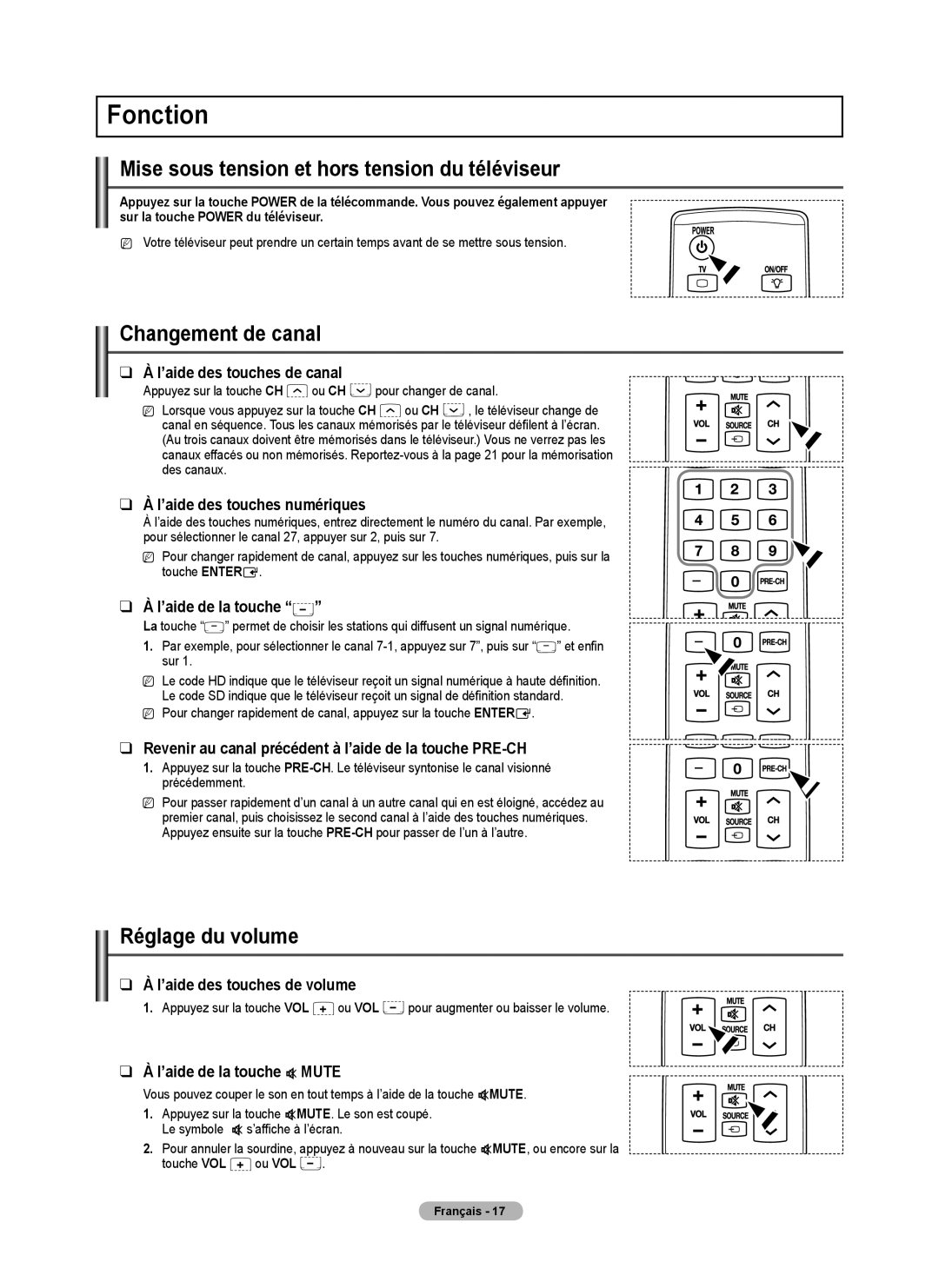 Samsung BN68-01917B-00 Fonction, Mise sous tension et hors tension du téléviseur, Changement de canal, Réglage du volume 