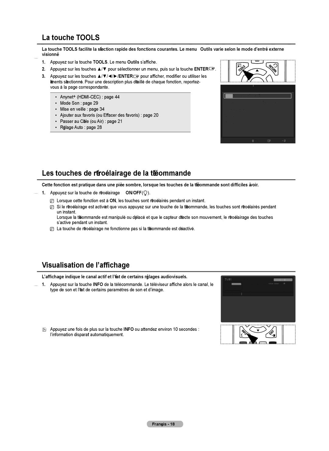 Samsung PN50B50T5F, 550 La touche Tools, Les touches de rétroéclairage de la télécommande, Visualisation de l’affichage 