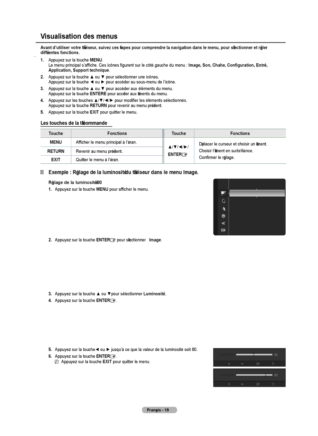 Samsung PNB550TF, BN68-01917B-00, PN50B50T5F Visualisation des menus, Les touches de la télécommande, Touche Fonctions 