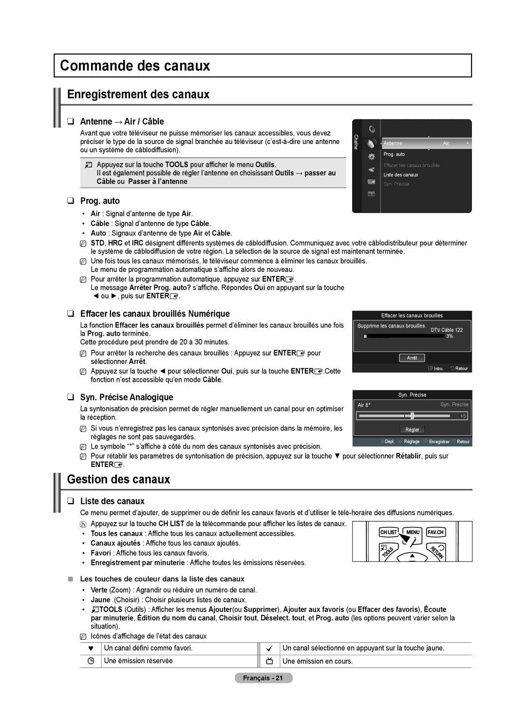 Samsung BN68-01917B-00, PN50B50T5F, PNB550TF Commande des canaux, Enregistrement des canaux, Gestion des canaux 