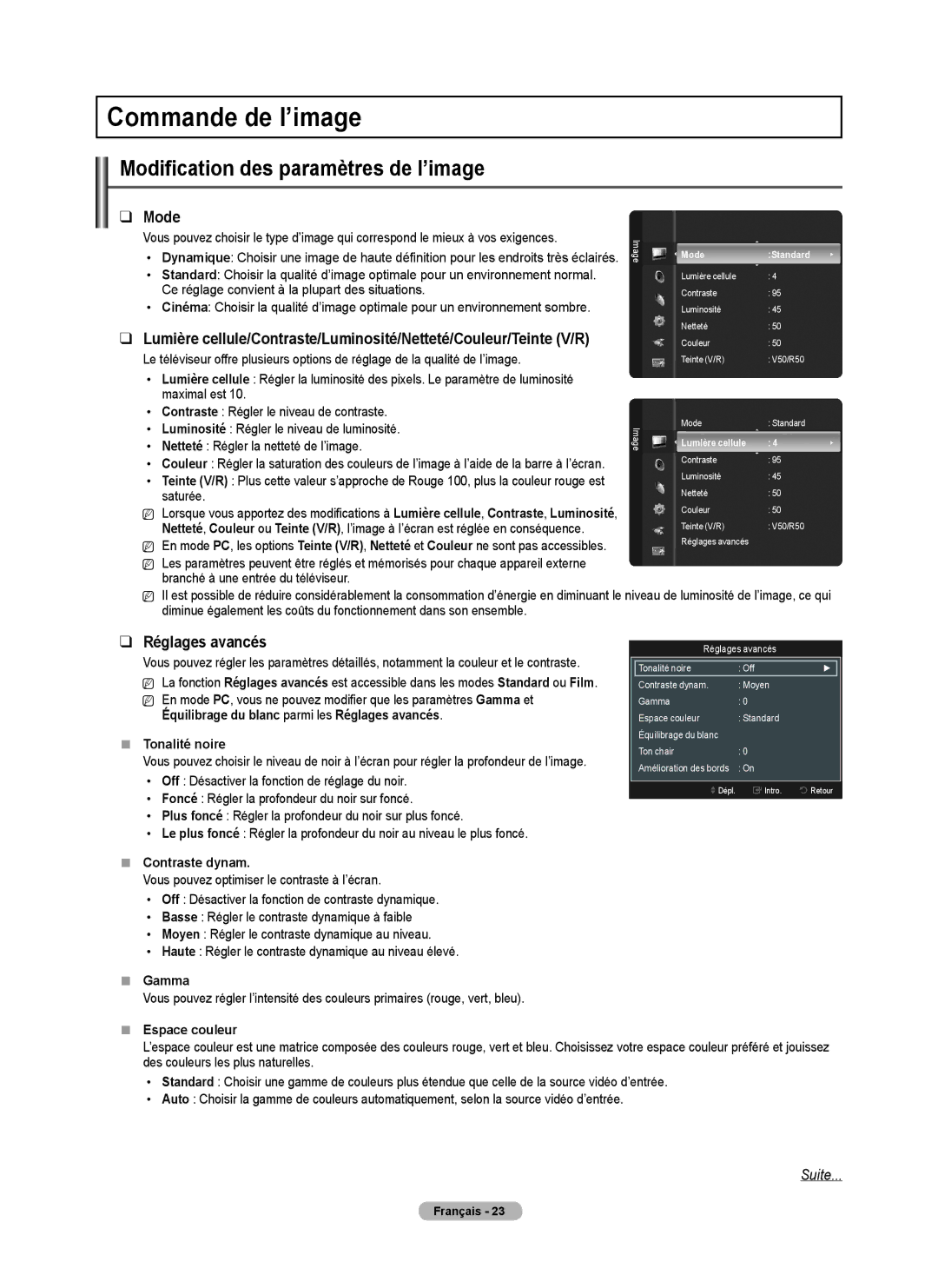 Samsung PN50B50T5F, 550 Commande de l’image, Modification des paramètres de l’image, Réglages avancés,  Contraste dynam 