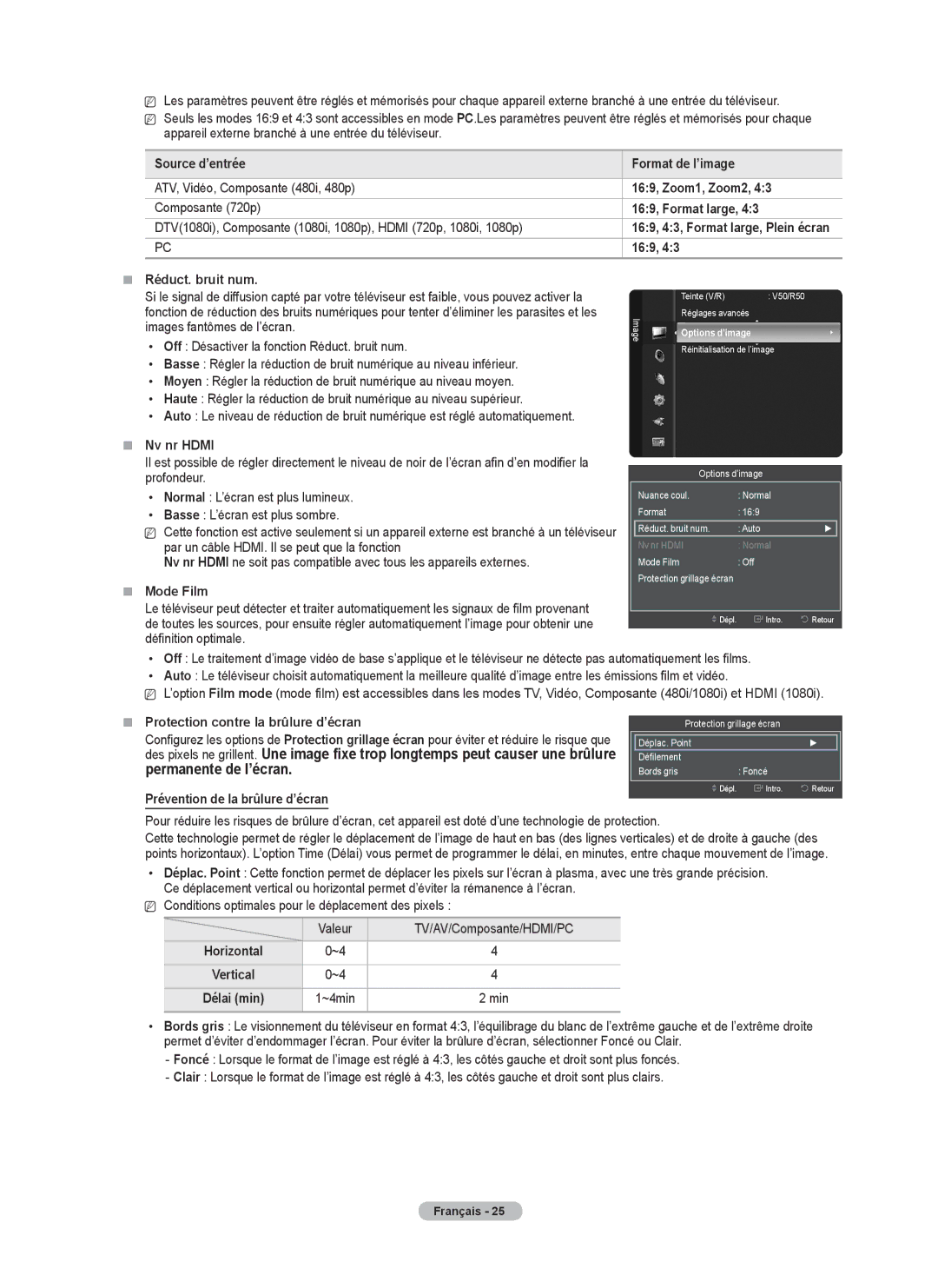 Samsung PN58B50T5F Source d’entrée,  Réduct. bruit num,  Nv nr Hdmi,  Mode Film,  Protection contre la brûlure d’écran 