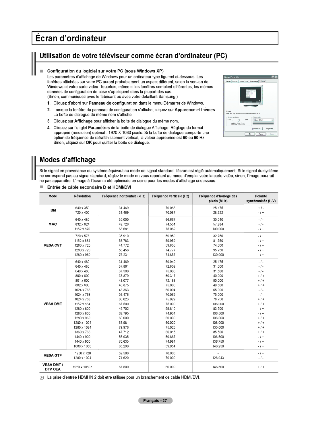 Samsung BN68-01917B-00 Écran d’ordinateur, Utilisation de votre téléviseur comme écran d’ordinateur PC, Modes d’affichage 