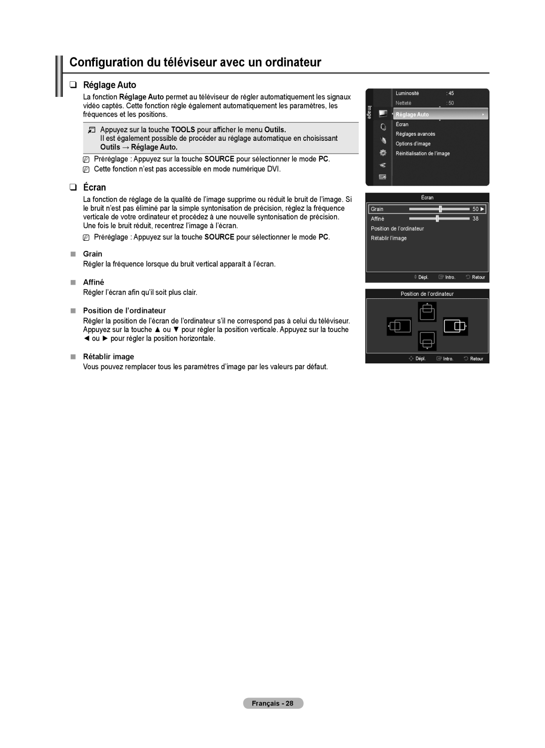 Samsung PN50B50T5F, BN68-01917B-00, PNB550TF Configuration du téléviseur avec un ordinateur, Réglage Auto, Écran 