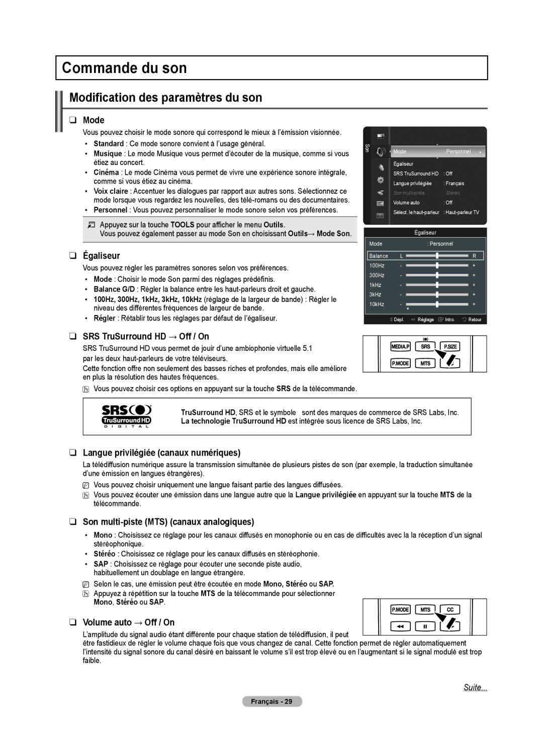 Samsung PNB550TF, BN68-01917B-00, PN50B50T5F, PN58B50T5F user manual Commande du son, Modification des paramètres du son 