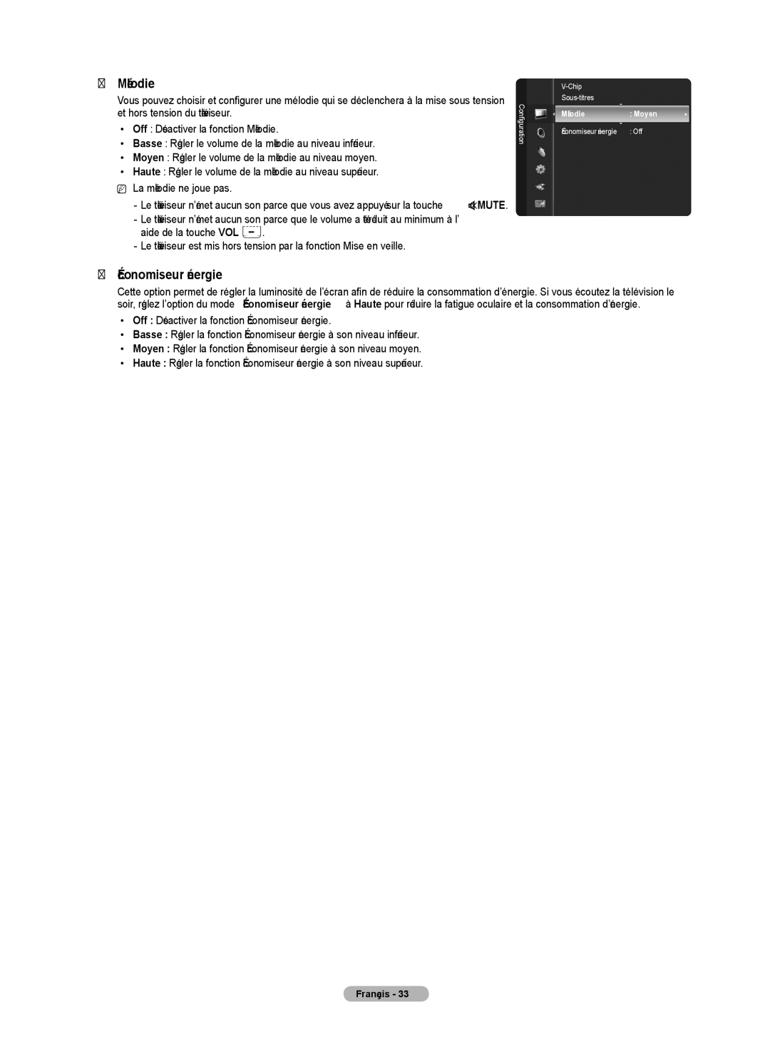 Samsung PN50B50T5F, BN68-01917B-00, PNB550TF, PN58B50T5F user manual Économiseur énergie, Mélodie Moyen 