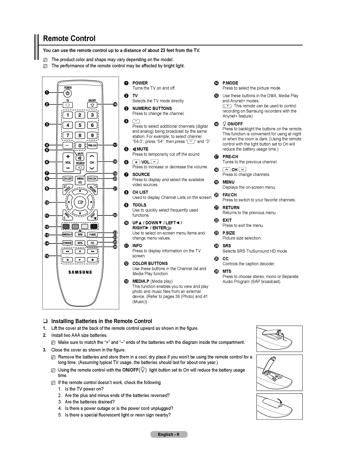 Samsung PN58B50T5F, BN68-01917B-00, PN50B50T5F, PNB550TF user manual Installing Batteries in the Remote Control 