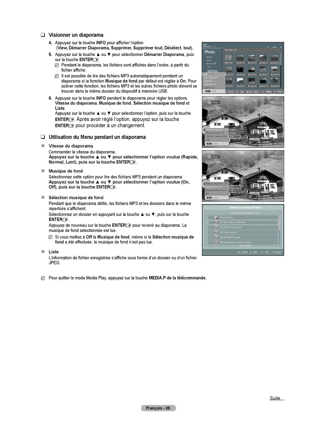 Samsung PNB550TF, BN68-01917B-00, PN50B50T5F Visionner un diaporama, Utilisation du Menu pendant un diaporama,  Liste 