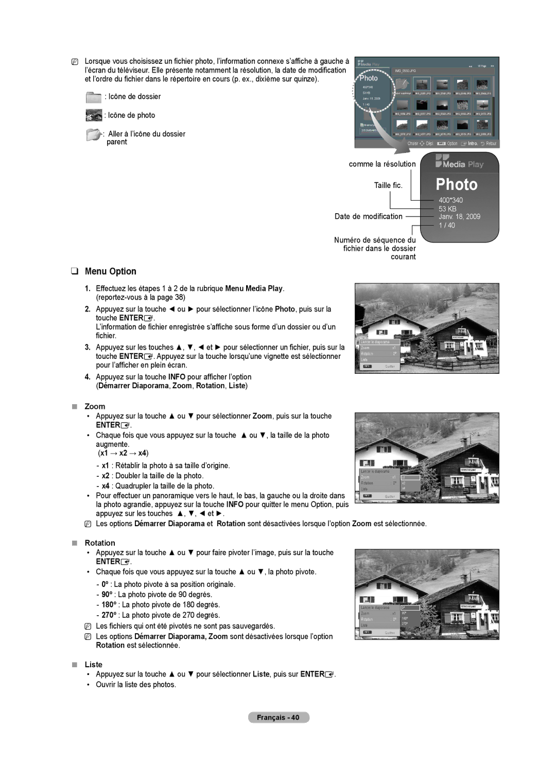 Samsung PN58B50T5F, 550, BN68-01917B-00, PN50B50T5F Menu Option, Démarrer Diaporama, Zoom, Rotation, Liste,  Rotation 