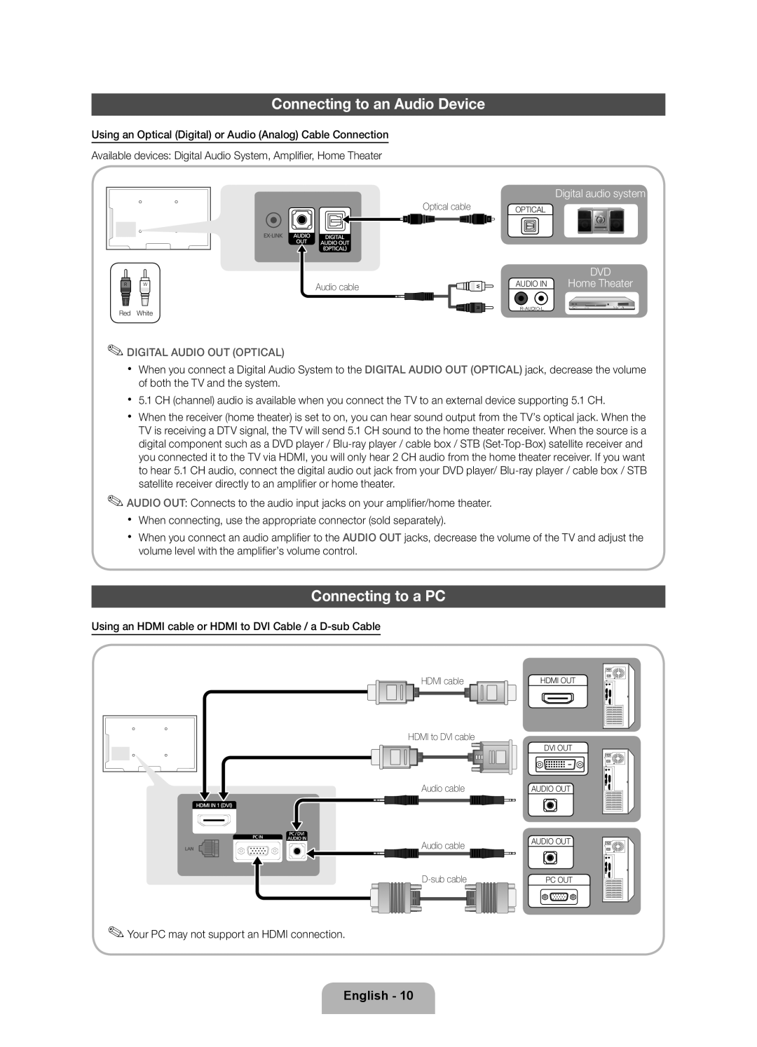 Samsung 550 user manual Connecting to an Audio Device, Connecting to a PC, Digital Audio OUT Optical 