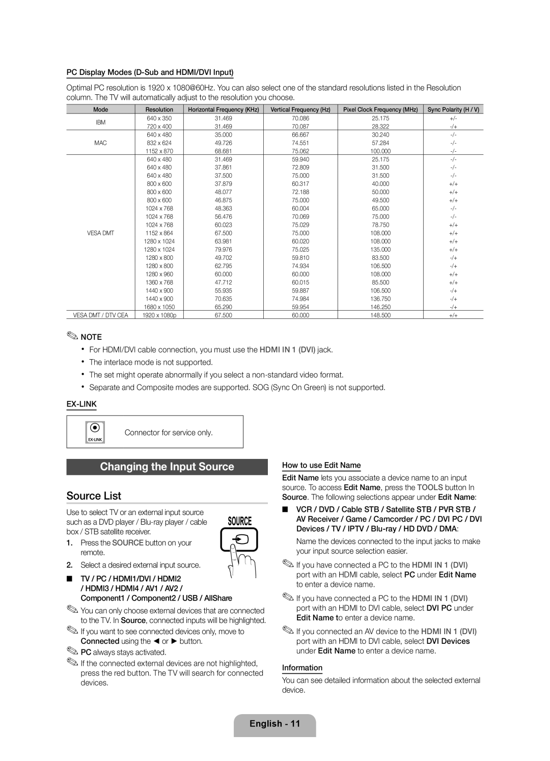 Samsung 550 user manual Changing the Input Source, Connector for service only, How to use Edit Name 