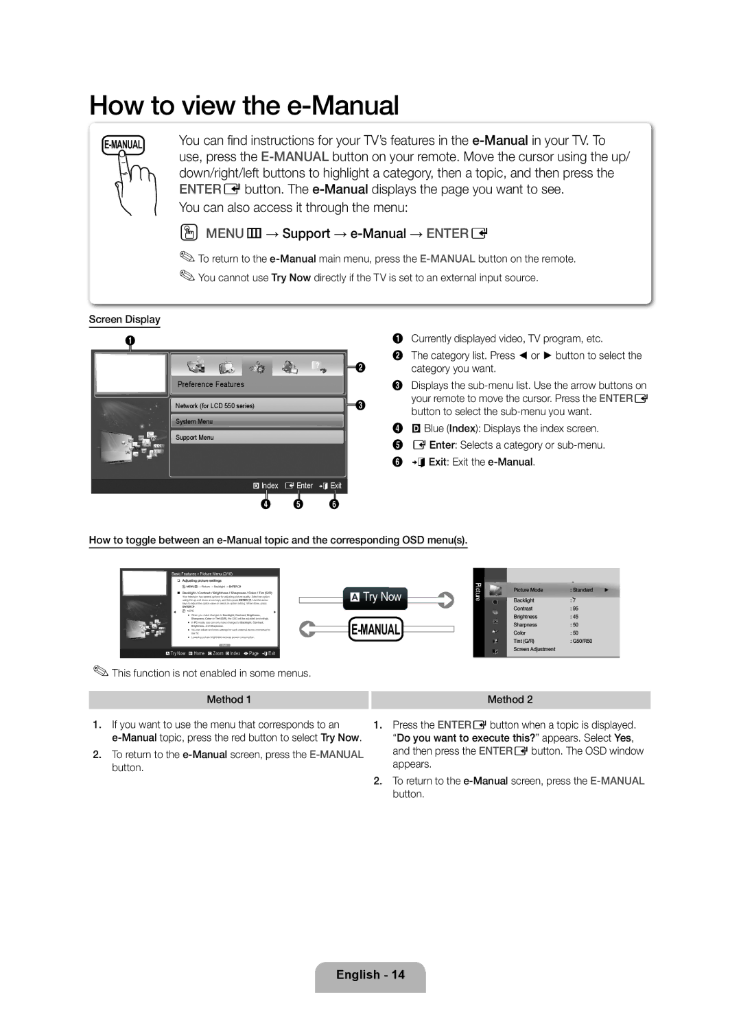 Samsung 550 user manual Screen Display, This function is not enabled in some menus Method 