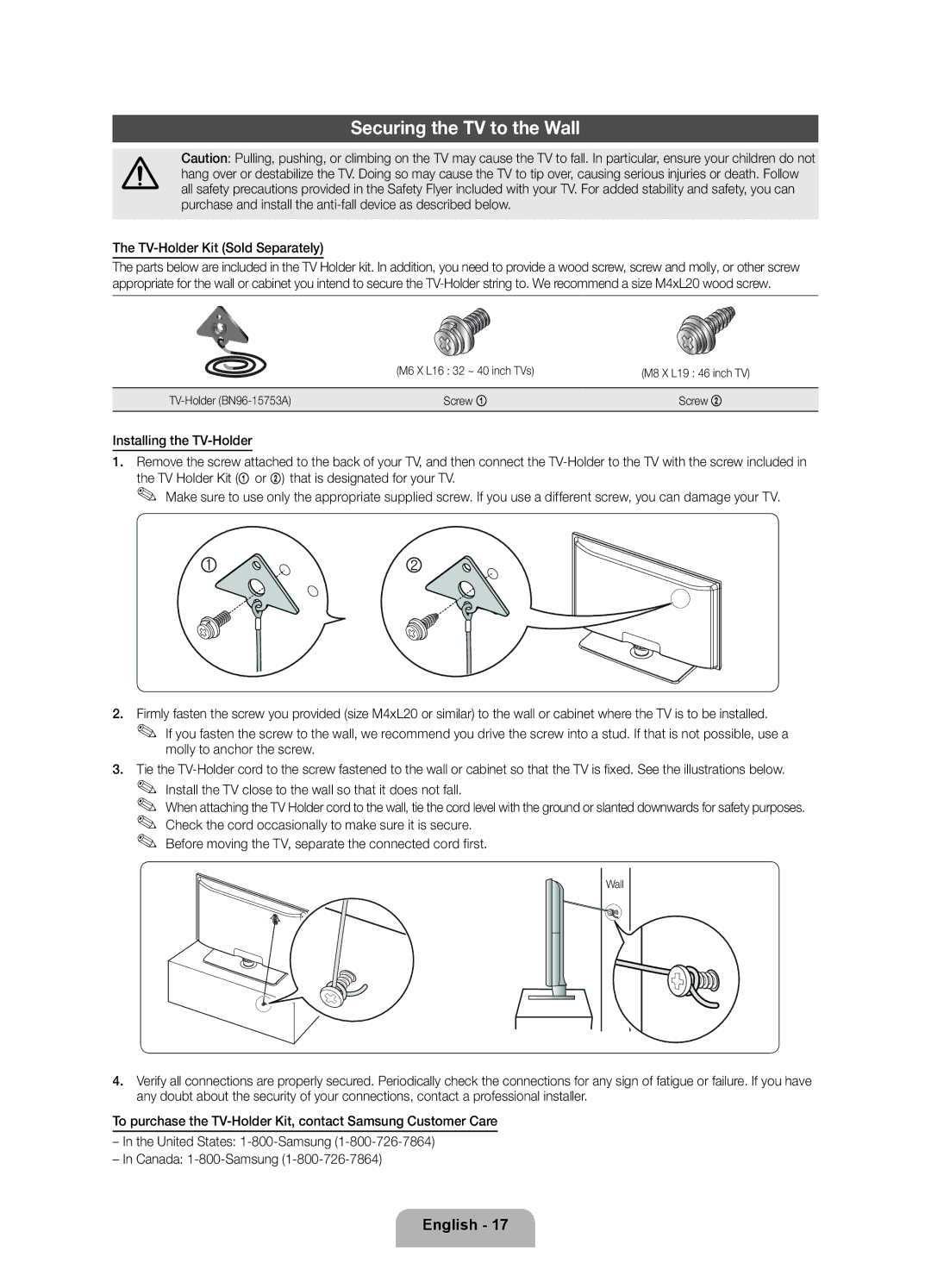 Samsung 550 user manual Securing the TV to the Wall, TV-Holder Kit Sold Separately 