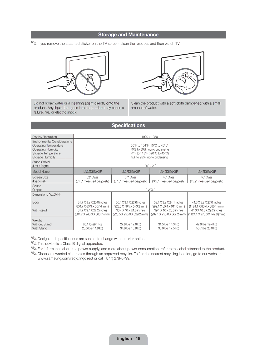 Samsung 550 user manual Storage and Maintenance, Specifications 