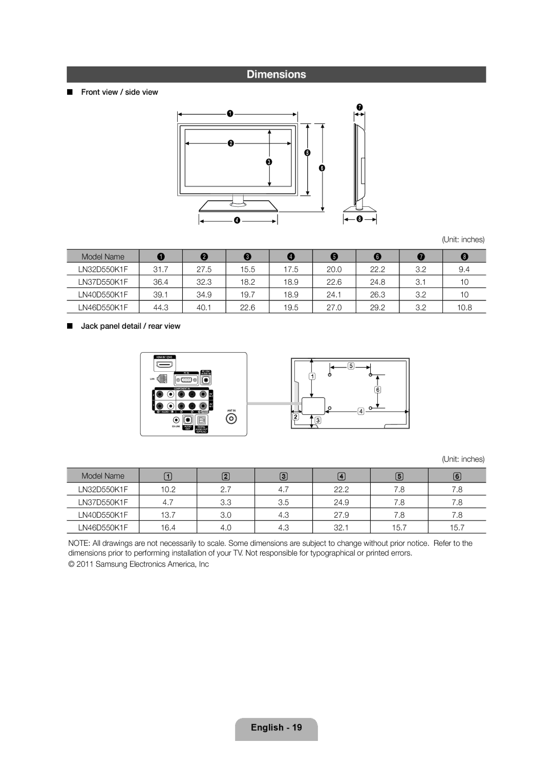 Samsung 550 user manual Dimensions 