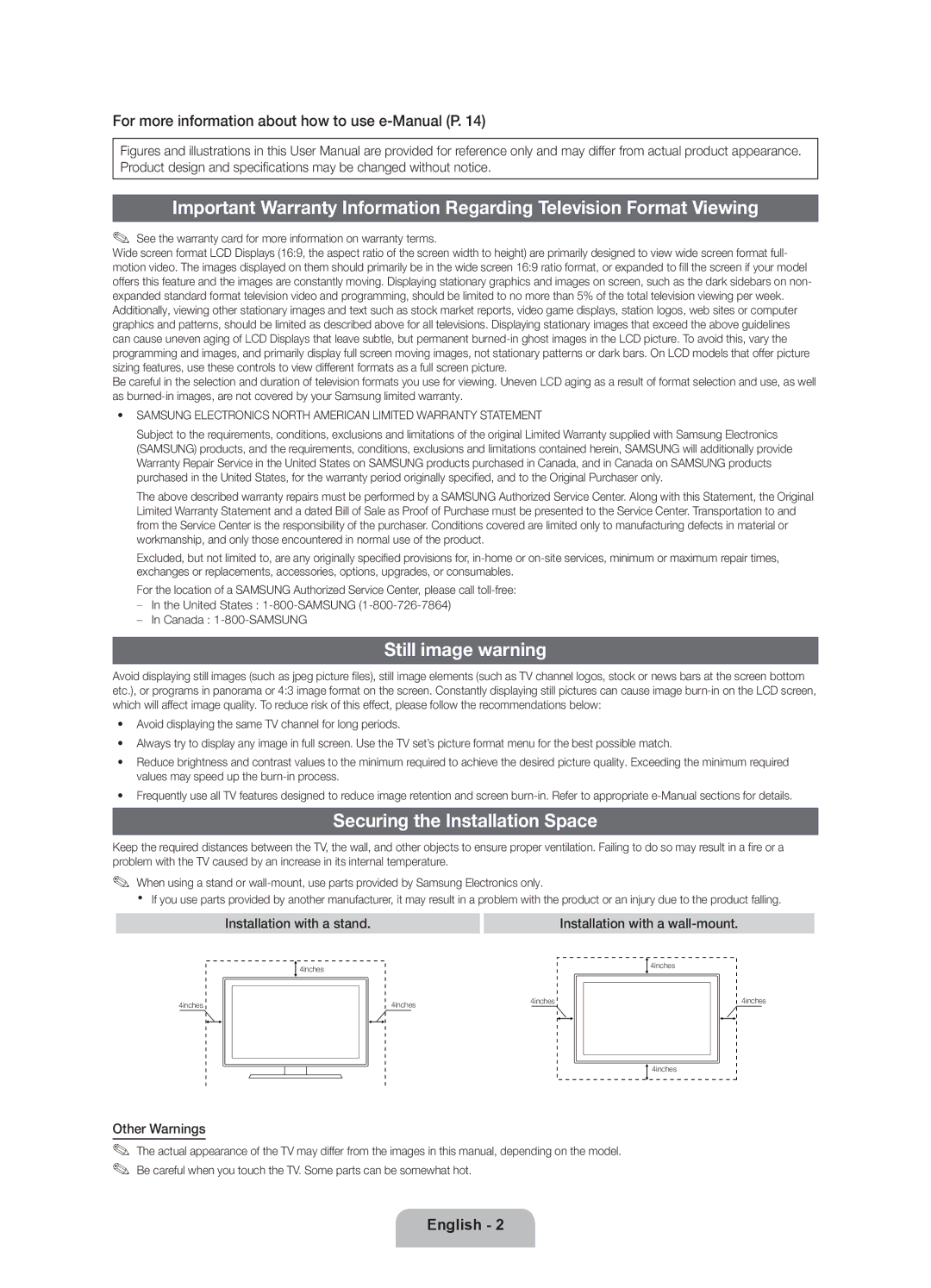 Samsung 550 Still image warning, Securing the Installation Space, Installation with a stand Installation with a wall-mount 