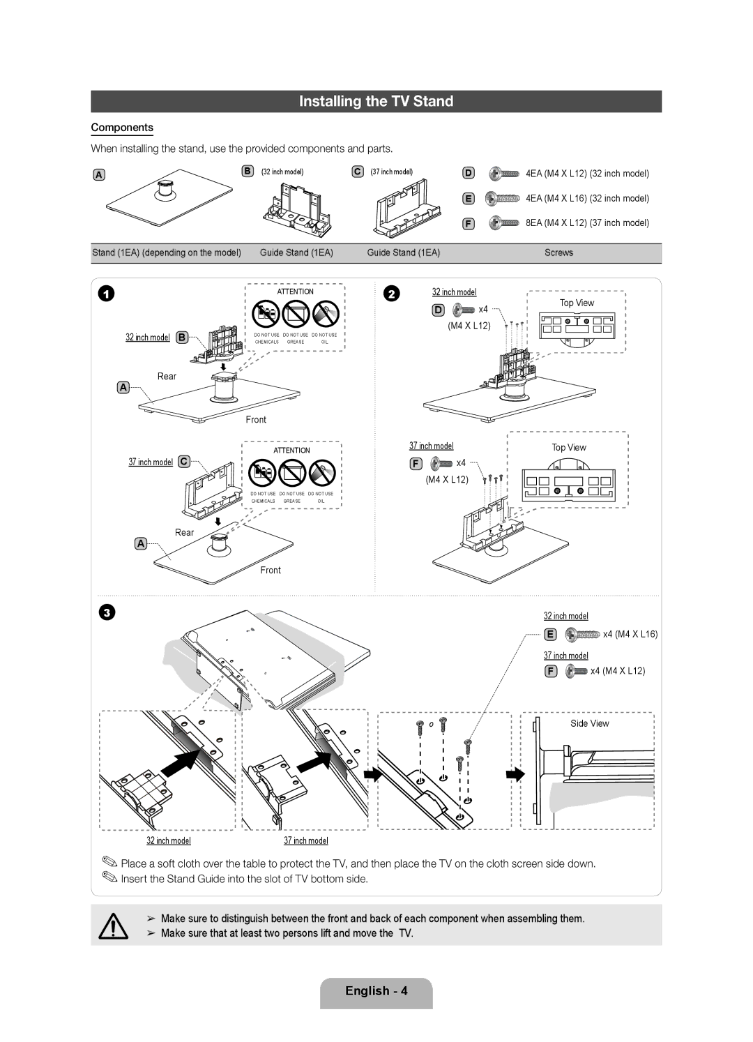 Samsung 550 user manual Installing the TV Stand, Front Inch model Top View M4 X L12 