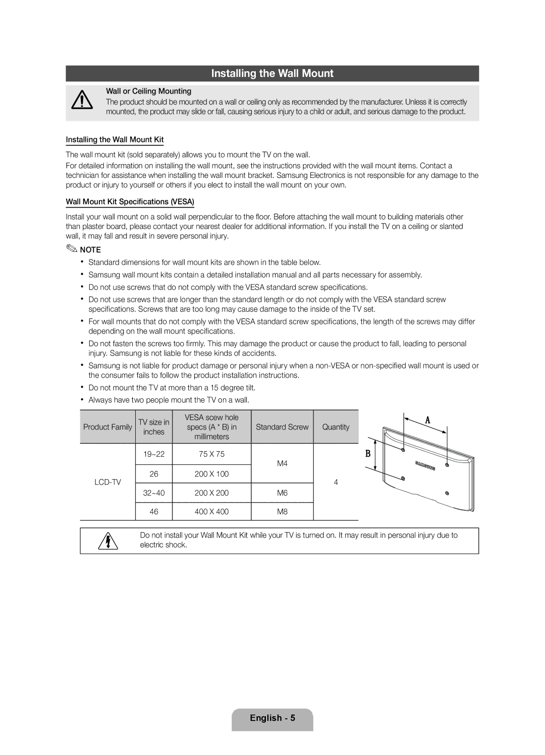 Samsung 550 user manual Installing the Wall Mount, Wall or Ceiling Mounting, Vesa scew hole 