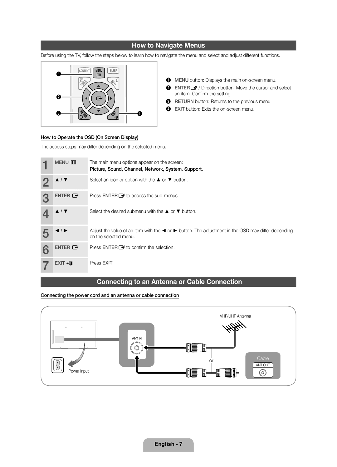 Samsung 550 user manual How to Navigate Menus, Connecting to an Antenna or Cable Connection, Enter E 