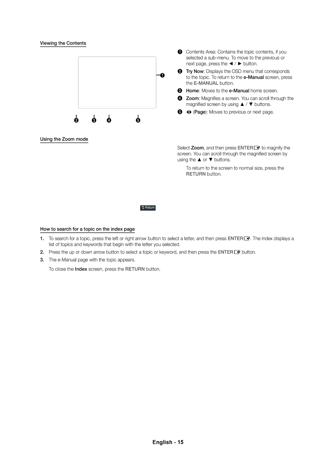 Samsung 5500 Viewing the Contents, Next page, press the / button, E-MANUAL button, Home Moves to the e-Manual home screen 