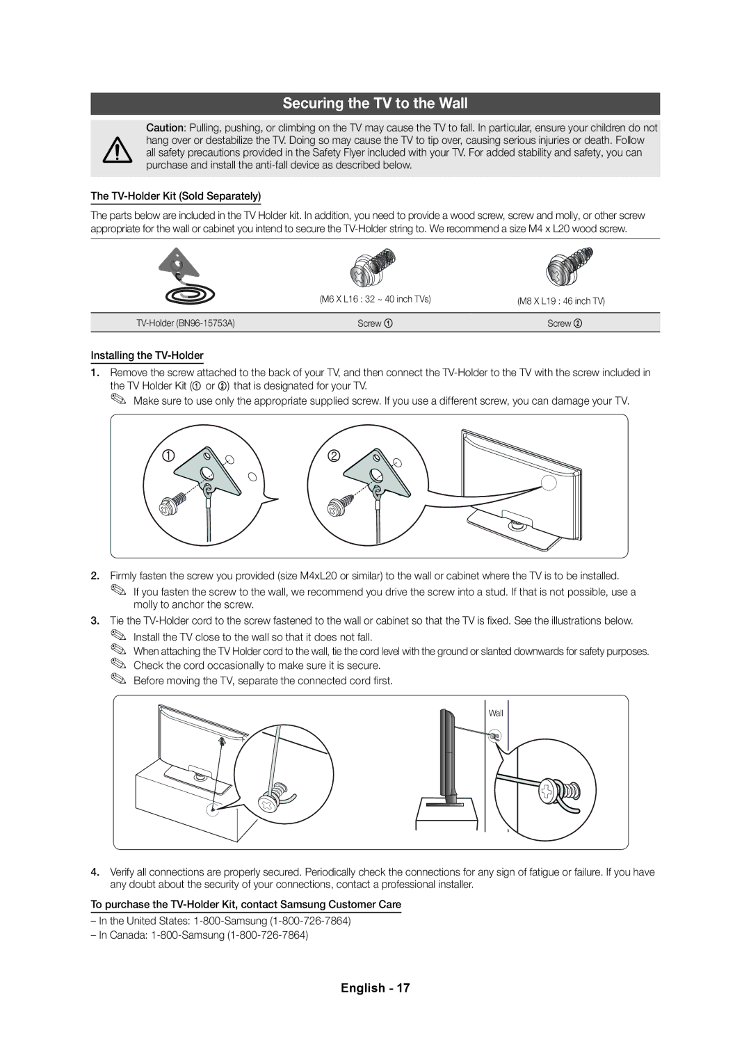 Samsung 5500 user manual Securing the TV to the Wall, TV-Holder Kit Sold Separately 