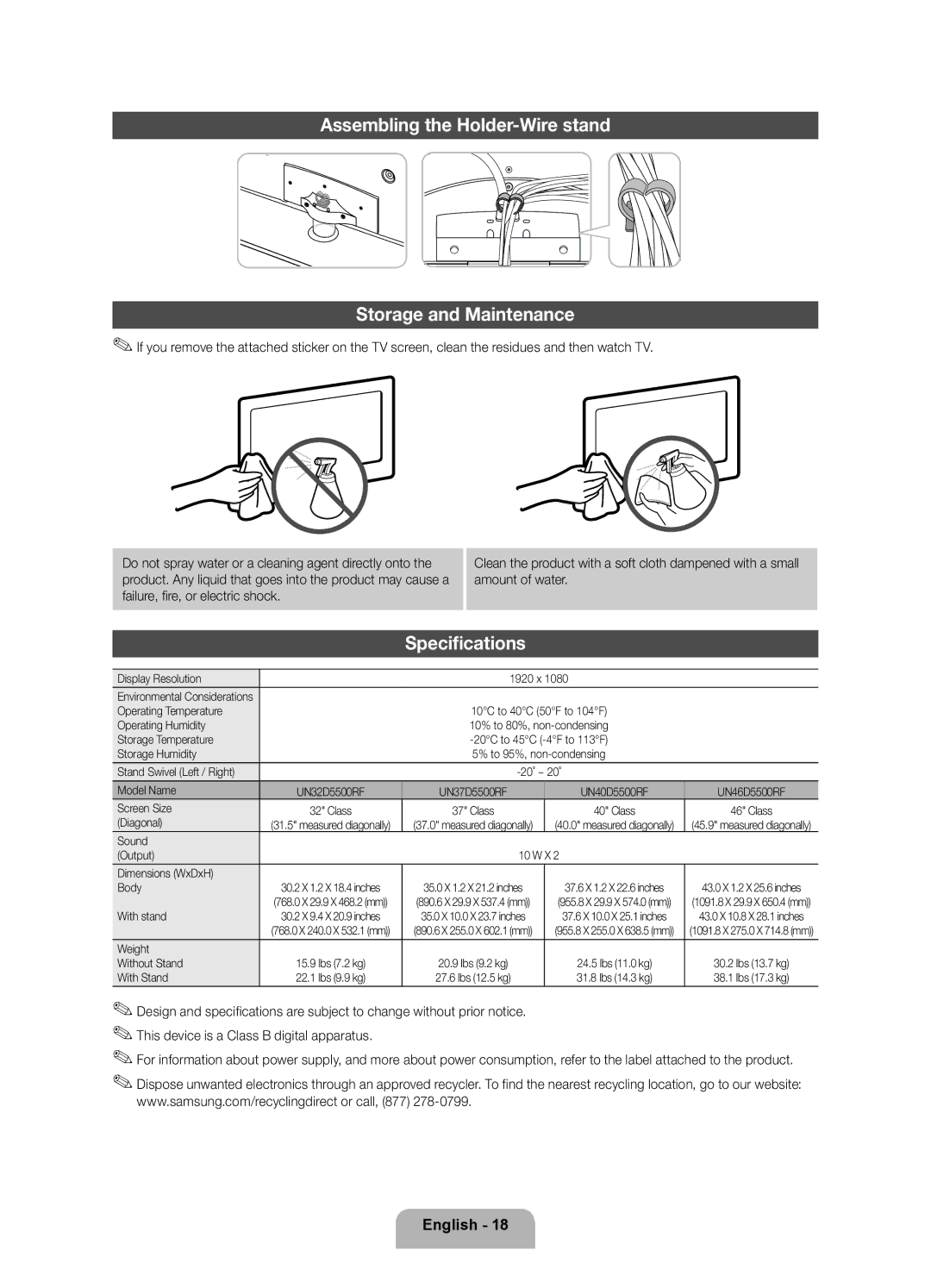 Samsung 5500 user manual Assembling the Holder-Wire stand Storage and Maintenance, Specifications 